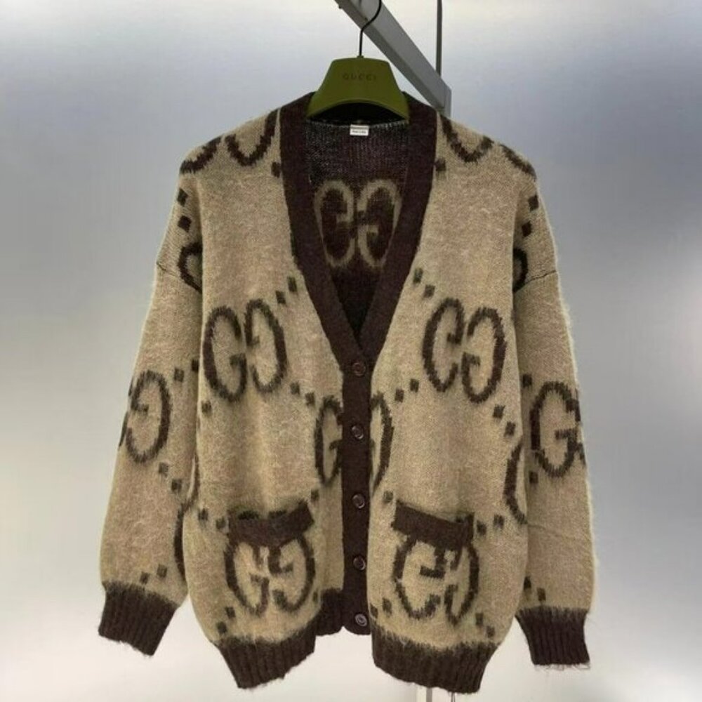 Gucci Beige & Brown GG Pattern Mohair-Blend Cardigan